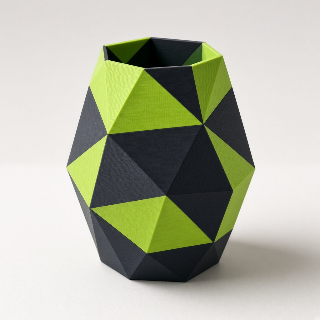 Vaso geométrico impresso em 3D, nas cores verde e grafite da Sisteca